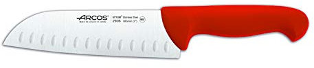 Arcos Serie 2900 - Caja 6 uds Cuchillo Santoku con Alveolos - Hoja de Acero Inoxidable NITRUM de 180 mm - Mango inyectado en Polipropileno Color rojo (6 UDS)