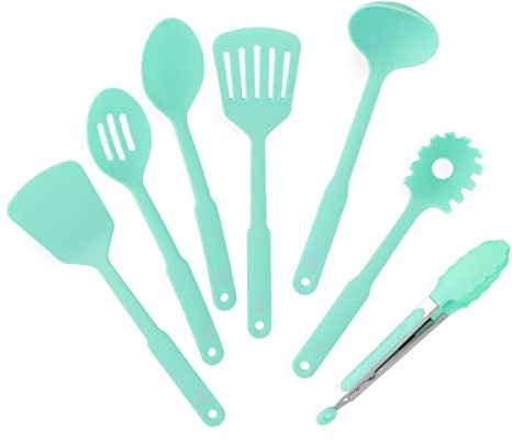 GreenLife Cooking Tools and Utensils, 7 Piece Nylon Set Including Spatulas Turner Spoons and Tongs, Dishwasher Safe, Turquoise