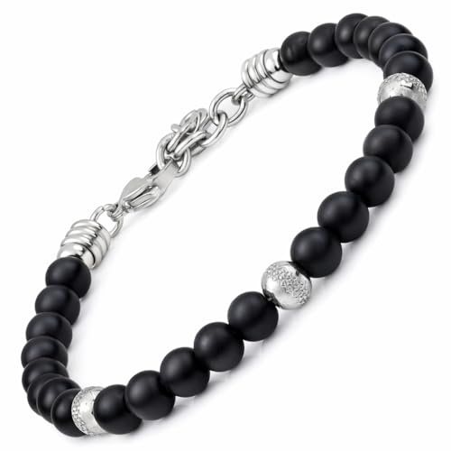 10:10 Schmuck Armband aus Edelstahl mit mattiertem Onyxstein – verstellbar, strapazierfähig, elegant – Geschenkidee für Damen und Herren, hergestellt in Italien