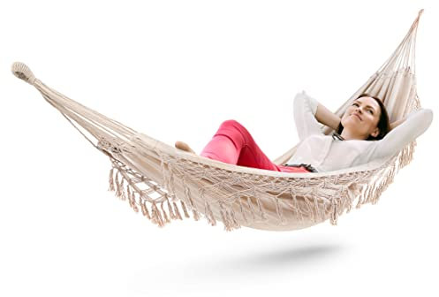 di volio brasilianische Premium Hängematte BARI mit Fransen im Boho-Look - Hängeliege für Zwei Personen 200 x 150 cm (weiß)