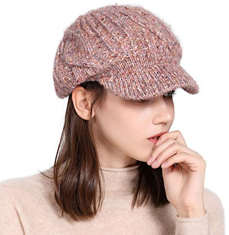 Fancet Merinowolle Wintermütze Damen Strickmütze mit Schirm Warme Beanie