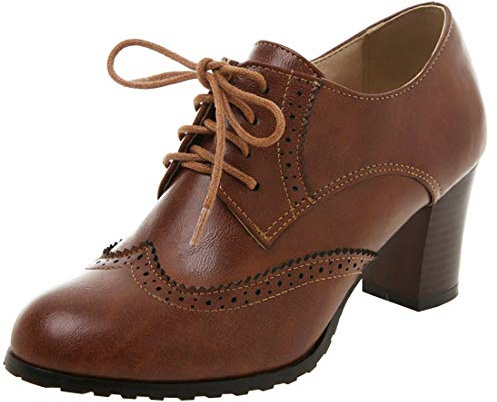 Birdsight Escarpins Creux Sculpté Femmes Talon Bloc Bout Rond avec Lacets Élégant Vintage Brogue Oxfords(Marron foncé 40)