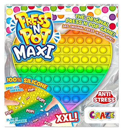 CRAZE PressNPop Hjärta Press N POP Maxi XXL Fidget Toy sensorisk anti-stress leksak för barn vuxna Bubble Set hjärtform färgglada motiv 37454, vackra färgkombinationer