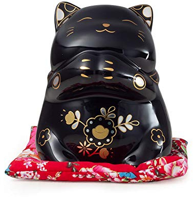 Klein Maneki Neko Glückskatze Glücksbringer Spardose aus Porzellan, Keramisch Statuette für Zuhause Büro und Laden Dekoration 12x12x14CM(4.72x4.72x5.51Inch),Schwarz,S