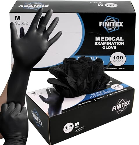 FINITEX Black Nitrile Disposable Medical Exam Gloves - Box of 100 PCS 6mil Powder-Free Latex-Free For Examination Home Cleaning Food Glove (Medium)