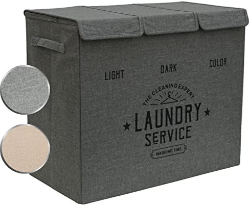 DuneDesign Panier a Linge 3 Compartiment - 84L Trieur de Linge avec Couvercle - Rangement Salle de Bain - Paniere a Linge Sale Bebe Enfant - Buanderie Meuble - Organisateur de Maison - Bac a Linge