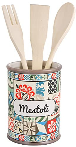 Baroni Home Portamestoli in CeramicaLinea Cementine con Mestoli Inclusi, 11x11x25 cm