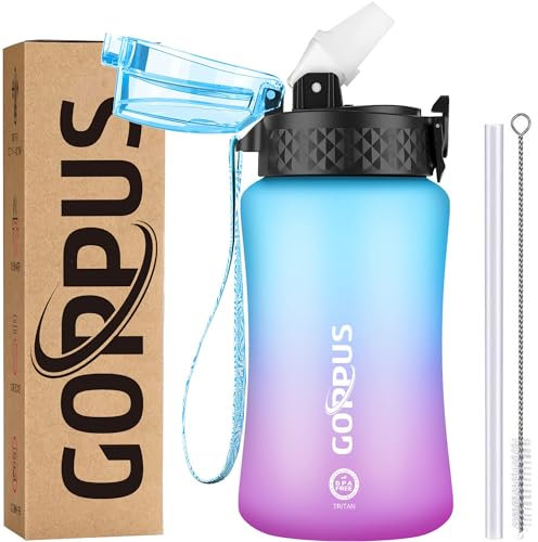 GOPPUS 350ml/12oz Kids Water Bottle With Straw Tritan Drinks Bottle with Strap Small Toddler Juice Bottles with Flip Top Lid Leakproof Children's Bottles with Time Marking Spillproof BPA free Girl Boy