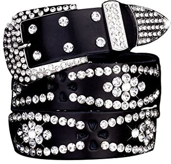 JIARY Diamant Persönlichkeit Breiter GürtelStrass Nietengürtel für Frauen, Western Ledergürtel für Cowgirl Cowboy Vintage Gürtel für Hosen Kleid,Schwarz,120CM/47.3''