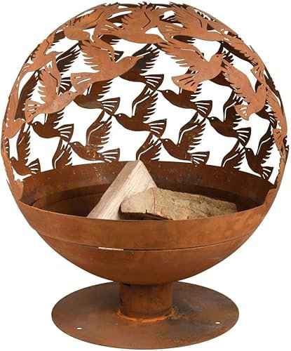 Cast Iron Fire Globe Laser Cut Birds Rust Effect Fire Pit Round Metal Garden Outdoor Patio Decking Decorative Fire Basket Wood Burner