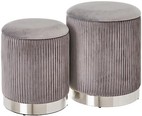 Shally Dogan Set 2 Pouf Contenitori in Velluto, Design Moderno con Fascia in Metallo, Poggiapiedi Rotondo Capiente, Sgabello Tondo con Coperchio Rimovibile e Seduta Imbottita Alta Densità (Grigio)