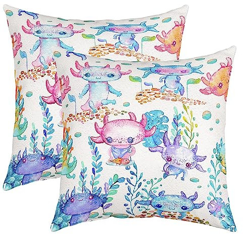 Axolotl - Set di 2 federe per cuscino 55 x 55 cm, motivo salamandra in stile kawaii, oceano, mare, mare, decorazione per la stanza con animali