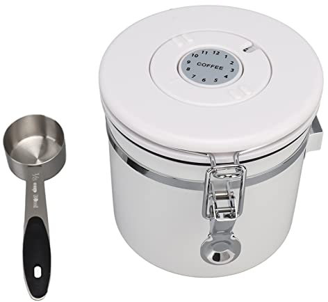 UPQRSG Boîte à Café Hermétique, Récipient de Stockage des Aliments de Cuisine en Acier Inoxydable Avec Couvercle de Suivi de la Date, Récipient de Stockage des Grains de Café Avec Cuillère(Blanc)