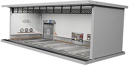 predolo Vitrine für Modellautos aus Druckguss im Maßstab 1:64 mit Beleuchtung, Garagenvitrine für Modellsammler, Reparaturwerkstatt
