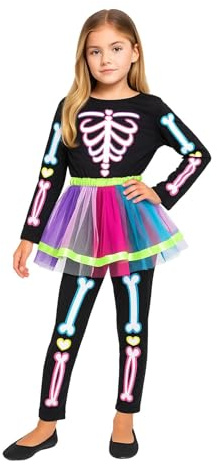 A2Z 4 Kids Flickor Skelett Skriva Ut Halloween Onesie Kostym Med Fixera Regnbåge Färg Kjol - Skelegirl Onesie 933 Black._6-8
