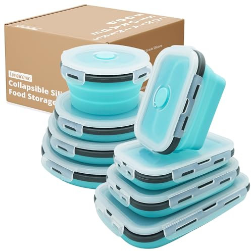 Lunememo 8 Stück Faltbare Brotdose, Faltbare Frischhaltedosen mit Deckel, Zusammenklappbare Lunchbox aus Silikon, Faltbare Schüssel Camping, BPA Frei, Blau