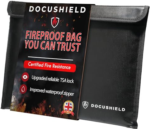 DocuShield Fireproof & Water Resistant Document Bag | Protective Wallet for A4 Documents & Money Storage | Fire and Water Damage Protection | UK Brand | Fibreglass Fabric | Waterproof Zipper