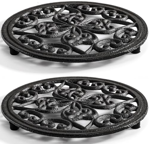 Coloch 2 Pack Cast Iron Trivet, 18cm / 7.1 Round Metal Trivet with Vintage Patterns Rustproof Hot Pot Holder Pads with Rubber Pegs for Serving Hot Dishes, Pans, Tea Pots, for Kitchen, Black
