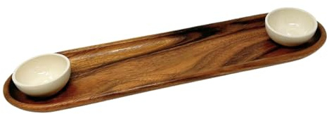 Lipper International 1214 Acacia Wood Bread Board with 2 Ceramic Bowls for Serving Spreads, Dips, or Oils, 20 x 5 x 1