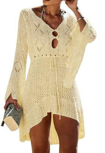 Jinsha Femme-Pull à Manches Longues Automne Hiver Vetements-Robes Crochet-Poncho Couvrir Lacet Tunique Cache-Maillots Chemise Tropical Élégant Bohoême Chic Sexy （Beige