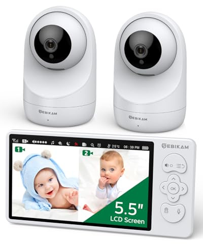 Sebikam 5,5 tums babymonitor med 2 kameror 720P HD-skärm, video babymonitor, 4 000 mAh batteri PTZ 355° babyskärm, VOX-läge, nattvision, 2-vägs ljud, intercom, temperaturvisor