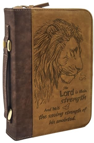 GraduatePro Custodia per bibbia in pelle centrale con manico con cerniera per uomo donna borsa libro chiesa studio durevole leone marrone cristiano