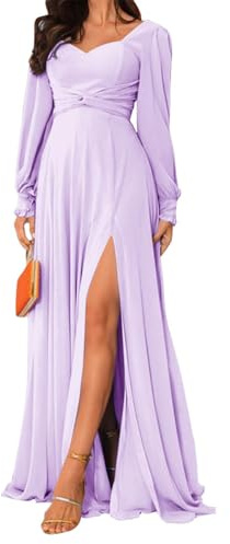 HPPEE Vestidos de dama de honor de manga larga para mujer con abertura de gasa, vestido formal de invitada de boda con bolsillos, Lila, 54 Más