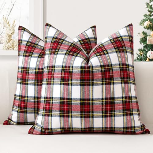 JOTOM 2er Set Weihnachten Schottisches Karo Kissenbezüge, Dekorative Plaid Tartan Wurf Kissenbezug Sofakissen Dekokissen Zierkissenbezug für Wohnzimmer Schlafzimmer Deko (50x50cm, Weiß)