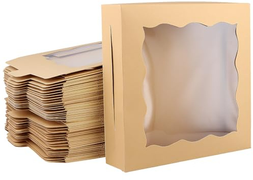 TAICHEUT 40 PCS Large Kraft Bakery Boxes, 25.4x25.4x6.35 cm Square Pie Boxes with Window, Brown Flat Cake Box for Cookies, Dessert
