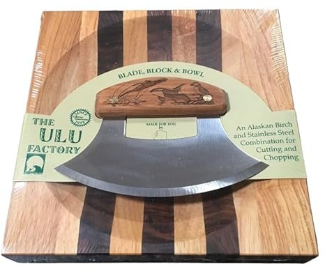 The Ulu Factory Alaskan Birch Wood Ulu Mezzaluna Knife and Bowl Set Ocean Collage Humpback Puffin Orca Whale