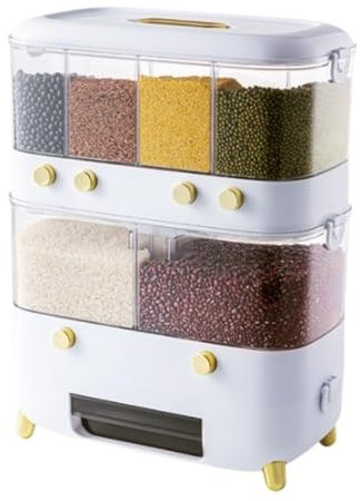 NESPIQ Dispensador De Cereales Dispensador De Granos Doble, Contenedor De Arroz Transparente con Compartimentos Individuales para Almacenar Arroz, Judías Verdes Y Rojas Dispensador De Arroz(White)