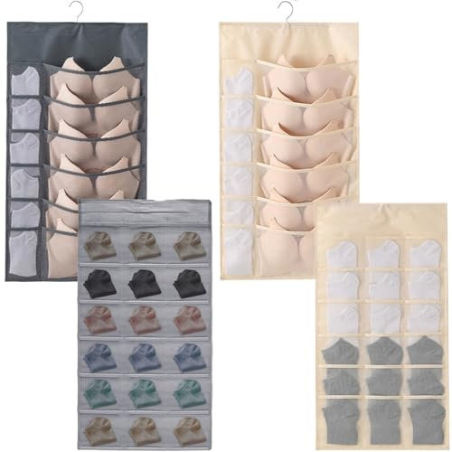 2Pcs Wardrobe Closet Organiser, Hanging Storage Shelves Foldable Wardrobe Clothes Organisers 30 Pockets Double-Sided Storage Mesh Pockets Wall-Double-Sided Space-Saving Clothes Organiser (Gray+Beige)