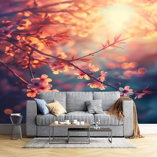 JEDTAKCT 300X210Cm Seidetapete Sonnenuntergang Kirschblütentapete Elegance Tapete Im Traumhafte Landschaft Design Tapete Wandtapete Wohnzimmer Schlafzimmer Flur Strukturtapete