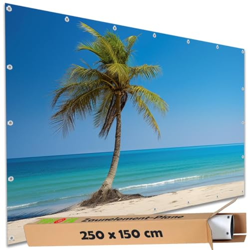 TRIOSK Sichtschutz Garten Deko Zaun Plane Blickdicht groß mit Zaunblende Motiv Karibikpalme Meer Strand für Balkon Terrasse Zaunelement Doppelstabmatten Gartenzaun PVC 250x150 cm