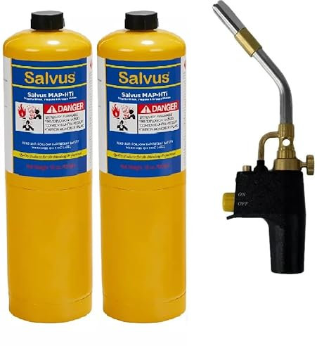 INTERGAS 2X Salvus MAP-HTI Gas Torch Kit – High-Heat MAPP Gas Torch with 360° Operation Head & 2 MAPP+ Cylinders - Propane Blow Torch for Plumbing, Soldering, Brazing, Welding, HVAC Applications