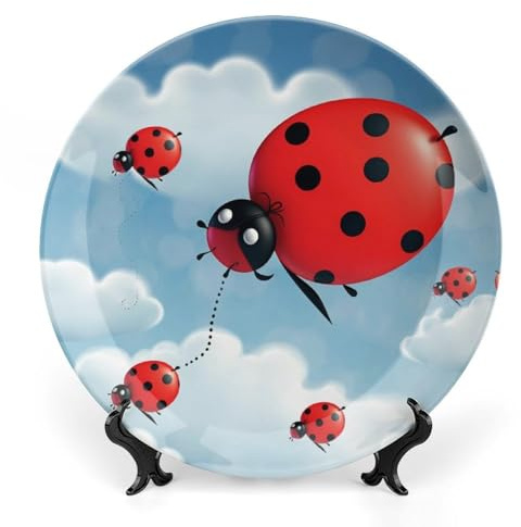 HETVBNS Assiette décorative en porcelaine anglaise avec support de présentation - Décoration murale - 20,3 cm - Motif coccinelle et nuage