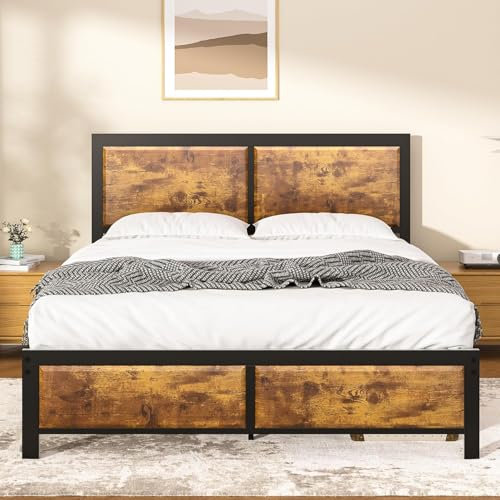 VECELO Estructura de Cama de 140 x 200 cm, Cama de Metal con cabecero de Madera Gruesa, Cama Doble con somier, Espacio de Almacenamiento Debajo de la Cama, Dormitorio, Color marrón
