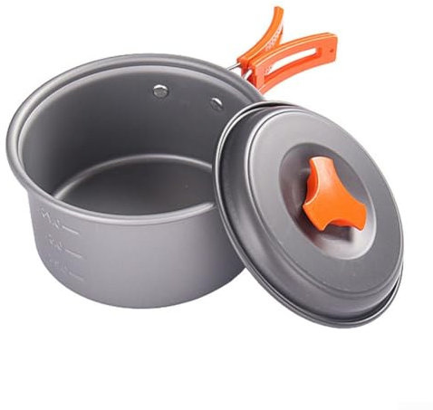 Kit portatile essenziale per cucinare all'aperto, per 1-2 persone, in alluminio anodizzato resistente e leggero (manico arancione)