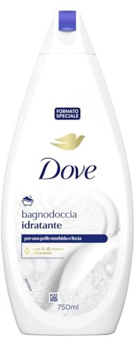 Dove Docciaschiuma Idratante, Formula con Idratante Dermo-Naturale, con 1/4 di Crema Idratante, Dermatologicamente Testato, Bagnoschiuma Uomo e Donna, 100% Bottiglia Riciclata* 6 Pezzi x 750 ml