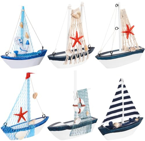 Cabilock 6 Stück Holz Segelboot Modell Mediterrane Tischdeko Kleine Bootsornamente Für Wohnzimmer Schlafzimmer Büro Nautische Dekoration