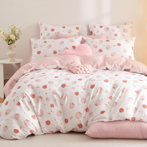 Lanqinglv Bettwäsche 135x200 Rosa Weiß Erdbeeren Herzen Schleifen | ÖKO-TEX Zertifiziert,Mädchen Kinder Bettwäsche für Allergiker,Aesthetic Bettbezug mit Reißverschluss 1 Kissenbezug 80x80 cm