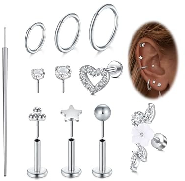 VFUN push in örhänge, 16 g platta ryggörhängen, allergivänliga trådlösa stud multi-pack, örhängen i rostfritt stål, push-in brosk helix tragus piercing näsa för kvinnor
