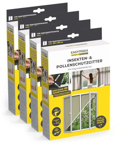 EASYmaxx Mosquitera antipolen para Ventanas con Magic Click | Cortada a Medida para Todas Las Ventanas de hasta 150 x 130 cm | Fácil instalación con 12 imanes - sin taladrar ni atornillar [4 Piezas]