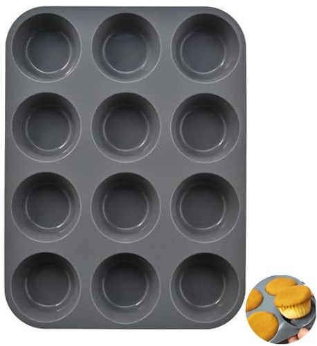 Ezranova 1 molde de silicona para magdalenas, 12 tazas, bandejas para magdalenas, cupcakes antiadherentes, para magdalenas o cupcakes, productos horneados, 33 x 25 x 3 cm (gris)