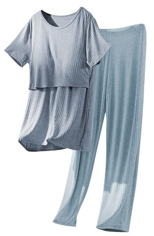 Maternity Nightwear Sets, Breastfeeding Nursing Sleep Shirts with Built in Bra & Trousers Sleepwear, Casual Comfy Short Sleeve Pyjama Tops & Bottoms Pj Loungewear Blue