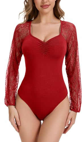 WOWENY Body in pizzo a maniche lunghe da donna, sexy con scollo a V, elegante, maglietta a maniche lunghe, slim fit, top, leotard, Colore: rosso, L