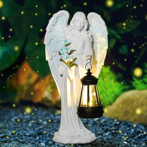 Syfunlv Solängel trädgårdsfigurer, liten ängelstaty, fairy skulptur dekoration, skyddsängelfigur med LED-sollykta, soldekoration för utomhusbruk, väderbeständig gravdekoration, för kyrkogård, terrass