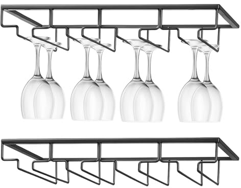 CROWNSHOP 2 Pack Metal Wine Glass Rack No Drilling Hanging Champagne Goblets Storage Organiser Hanger Under Cabinet Wine Glass Rack (Black)
