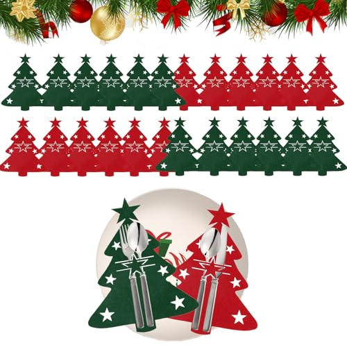 Jlnmmn 24 Stück Besteckhalter Weihnachten Filz, Weihnachtliches Besteckständer-Set, Weihnachtsbaum Bestecktasche, für Weihnachten Tischdekorationen Party Küche