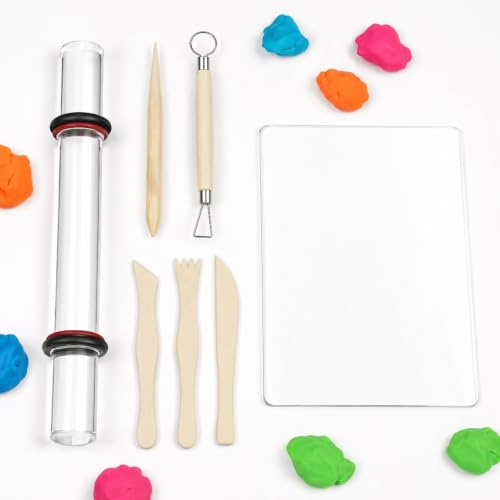 7 Pcs Molding and Sculpting Tool, Polymer Clay Tools Kit, Wooden Clay Sculpting Tools, Clear Acrylic Rollers, for DIY Arts and Crafts Pottery Smooth Tool